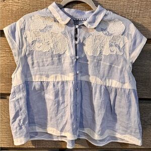 Anthropologie Blue Button Down Shirt with Cream Embroidery